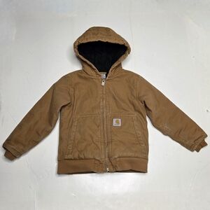 Carhartt Boys Jacket Brown Quilted Lined Hooded Canvas Full Zip Grunge XS (6)